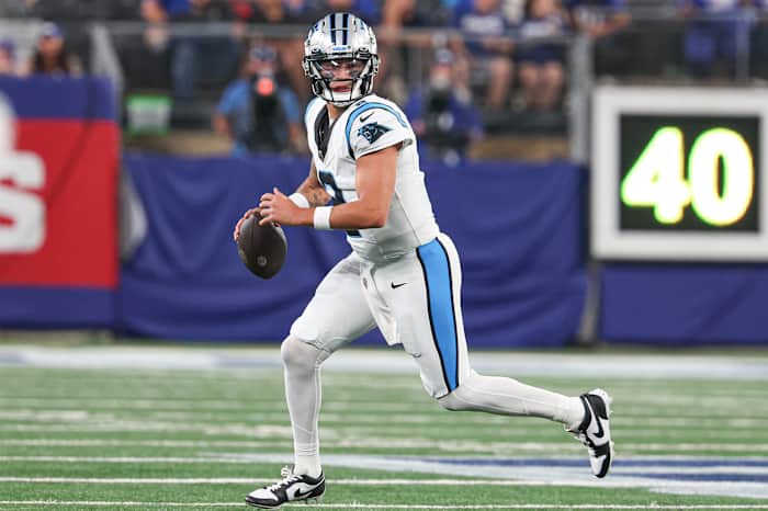 Aug 18, 2023; East Rutherford, New Jersey, USA; Carolina Panthers quarterback Matt Corral (2) scrambles during the second half against the New York Giants at MetLife Stadium. Mandatory Credit: Vincent Carchietta-USA TODAY Sports